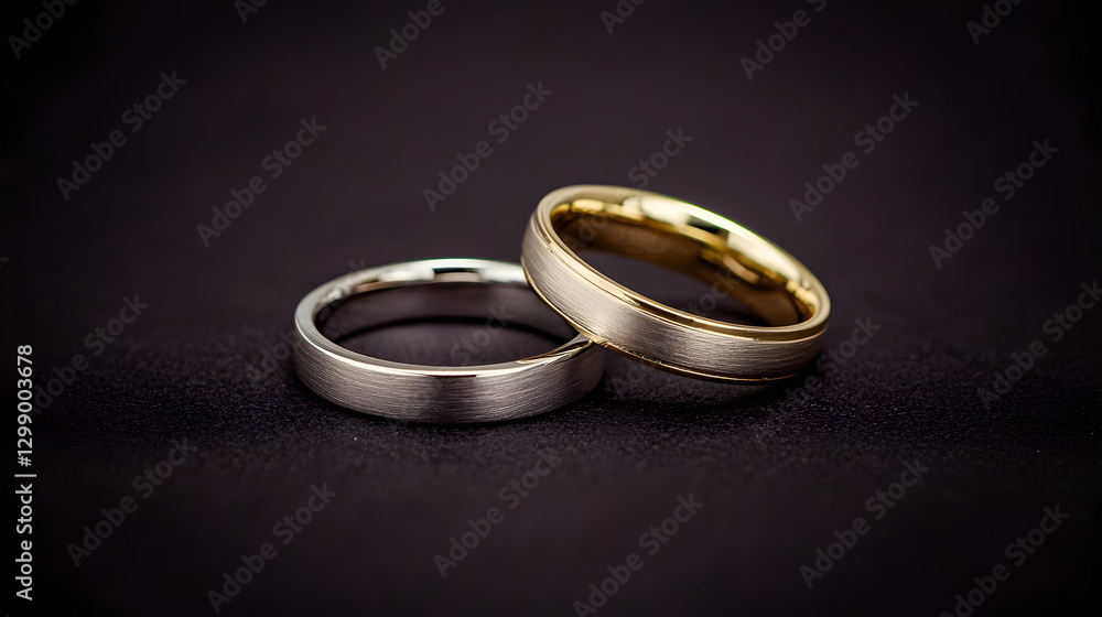 Two Wedding Rings in Gold and Silver Displayed on a Dark Textured Surface Close up Shot Two Wedding Rings in Gold and Silver Displayed on a Dark Textured Surface Close up Shot