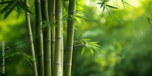 Green bamboo stalks with fresh leaves blurred background. Copy space