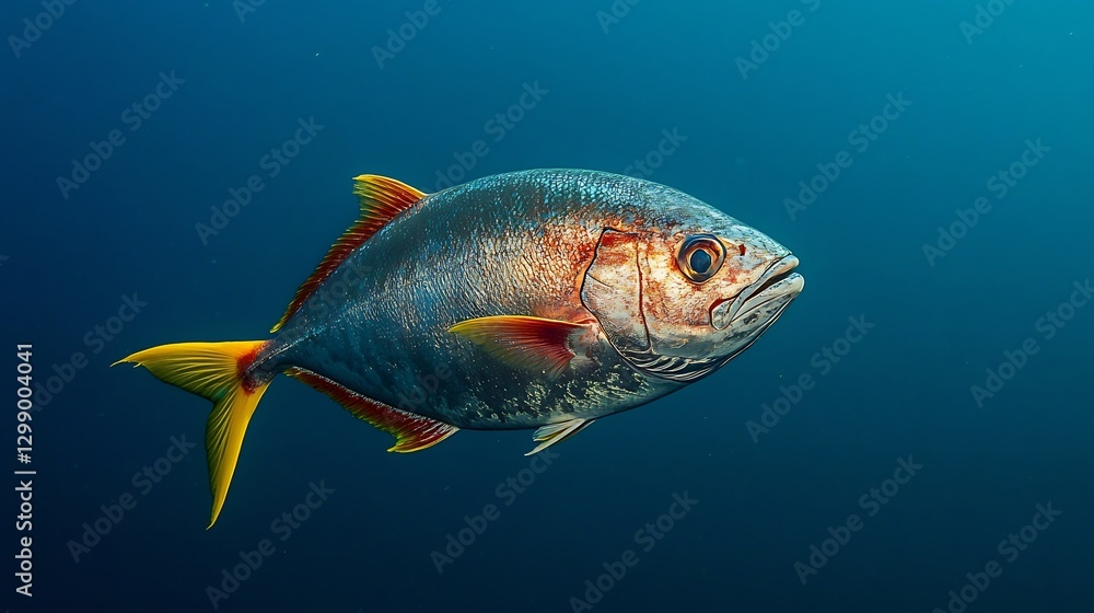 Stunning Opah Moonfish swimming gracefully through the open ocean its iridescent red and silver scales reflecting the sunlight vibrant yellow fins gliding effortlessly Stunning Opah Moonfish swimming gracefully through the open ocean its iridescent red and silver scales reflecting the sunlight vibrant yellow fins gliding effortlessly