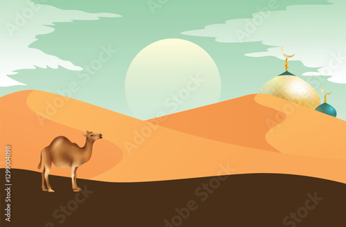 Sand dunes, camel and plam arabia vector illustration