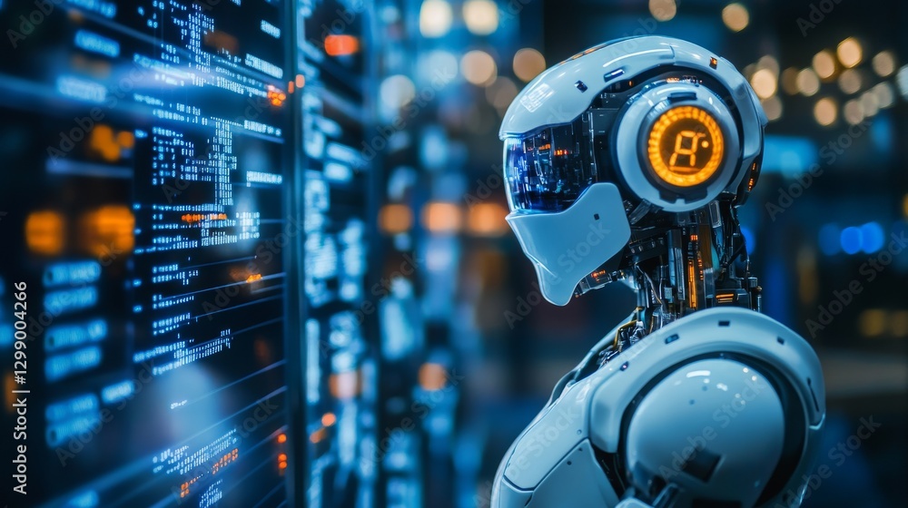 Robot studying data to uncover trends in how people use a product or service. Robot studying data to uncover trends in how people use a product or service.
