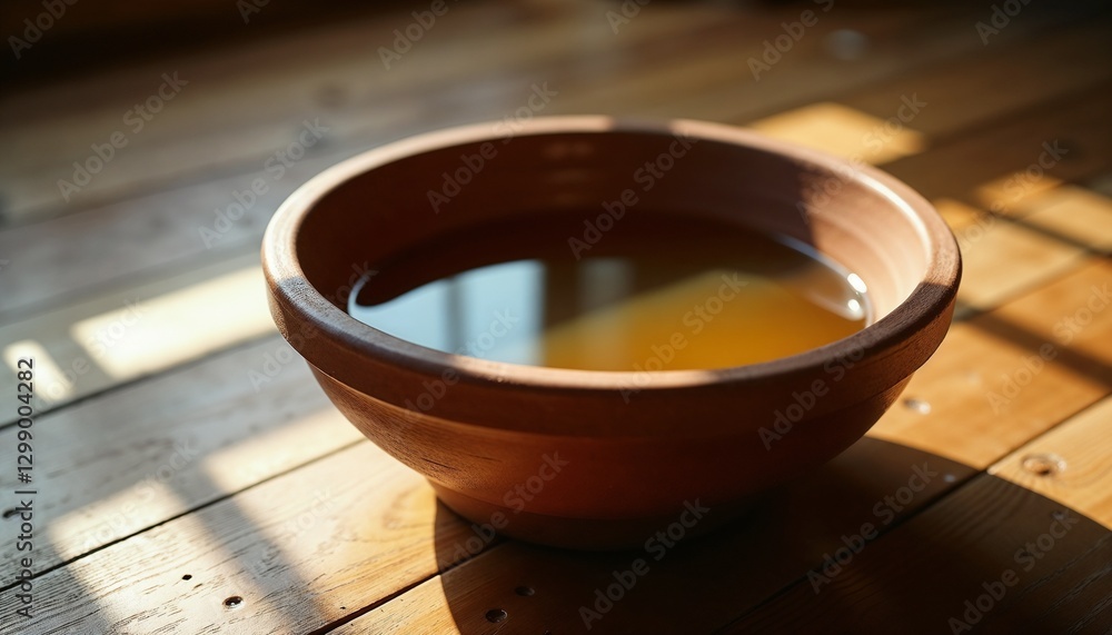Photorealistic close-up of clay basin filled with water on wooden floor, soft natural light creating peaceful sacred atmosphere for Maundy Thursday Photorealistic close-up of clay basin filled with water on wooden floor, soft natural light creating peaceful sacred atmosphere for Maundy Thursday