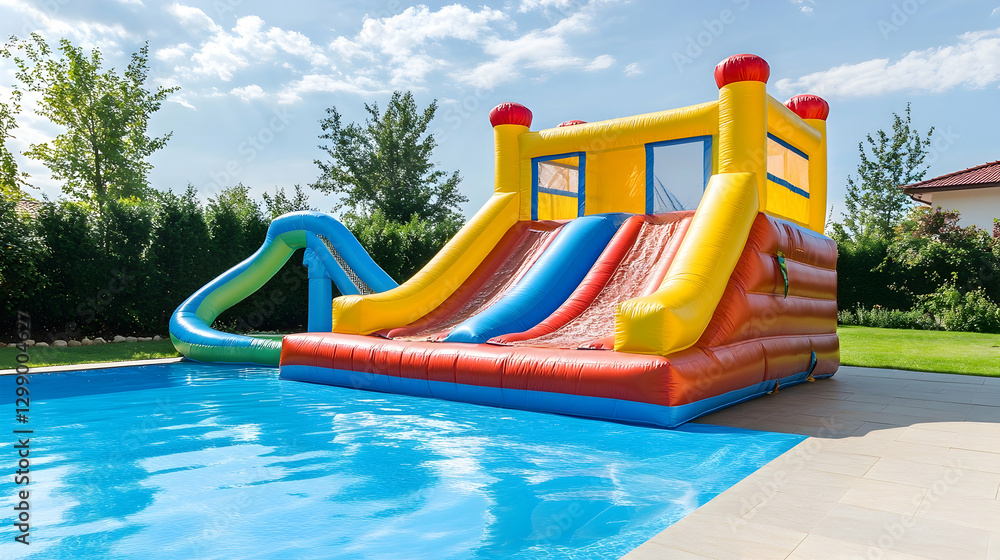 Large Inflatable Water Slide With Pool Set Outdoors Under Sunny Sky Large Inflatable Water Slide With Pool Set Outdoors Under Sunny Sky
