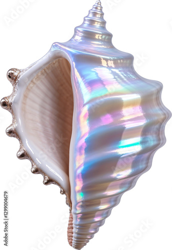 A detailed, three-dimensional seashell with an iridescent, pearlescent surface
