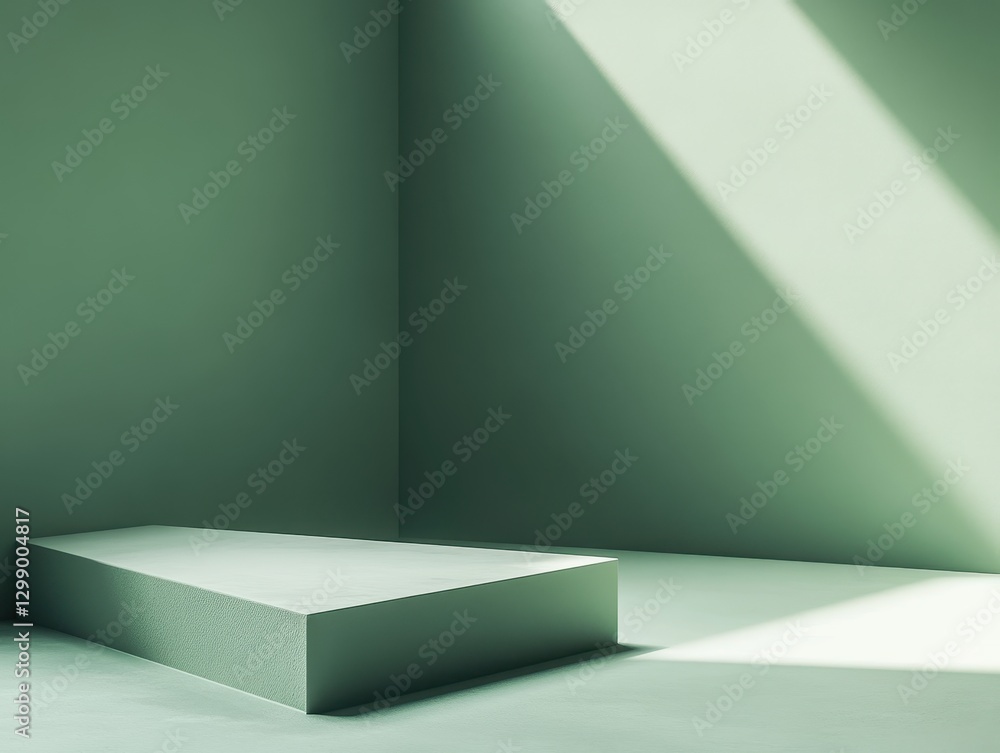Fototapeta premium Minimalist green interior with angular shadows, modern pedestal in a calm space ideal for product display or artistic presentations, clean lines and serene atmosphere
