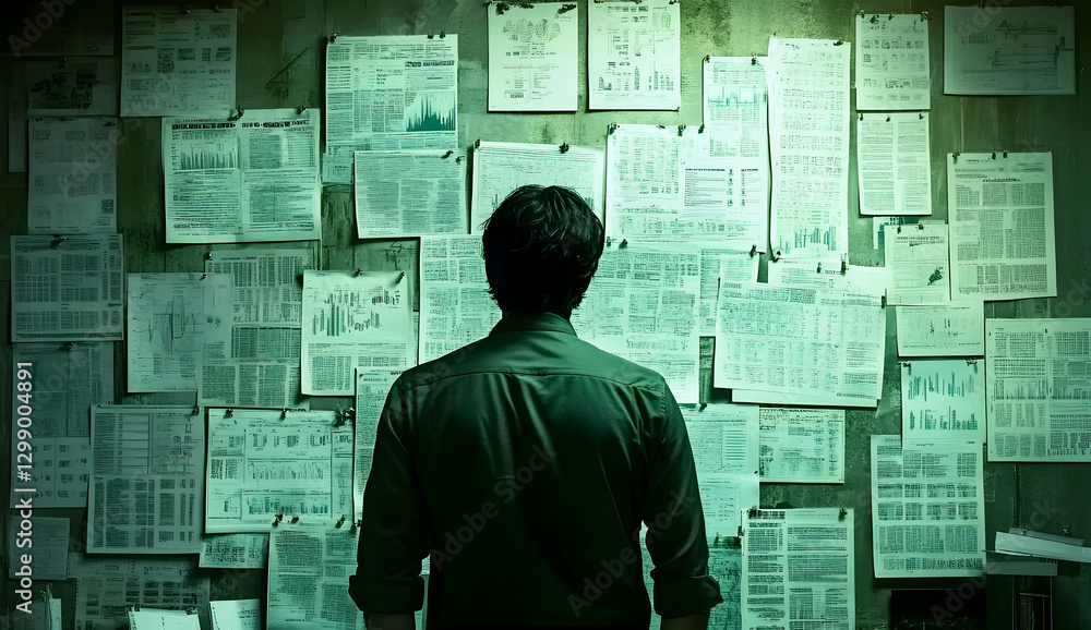 A man standing in front of a wall covered in charts and papers, viewed from behind A man standing in front of a wall covered in charts and papers, viewed from behind