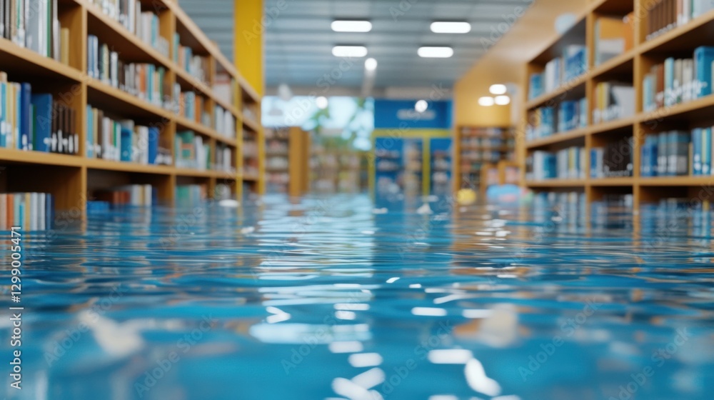 Obraz premium Flooded library, water covers the floor, bookshelves blurred in background, suggesting disaster.
