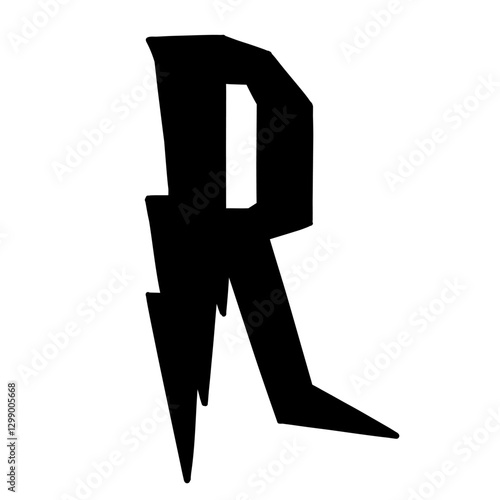 Magic Bold letter R of latin english language. Black font symbol in hand drawn doodle style. Vector illustration isolated on white background. For presentation, logo, branding, font, education.
