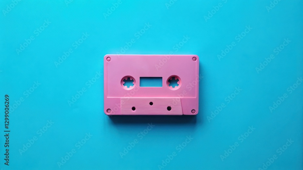 Fototapeta premium A Pastel Pink Audio Cassette on a Vibrant Blue Background A Nostalgic View of Analog Sound Recording