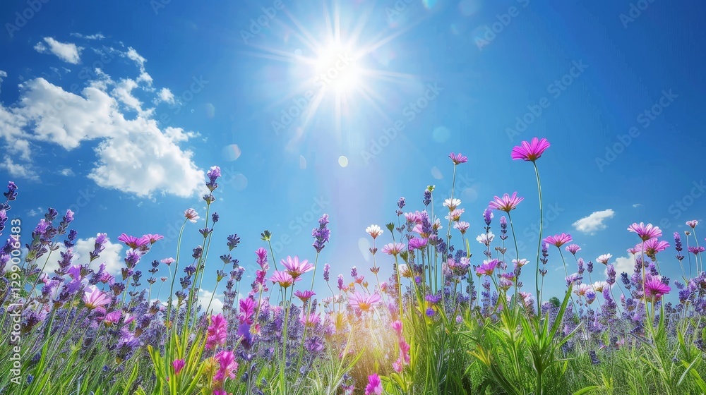 Fototapeta premium A field of blooming lavender under a clear blue sky with