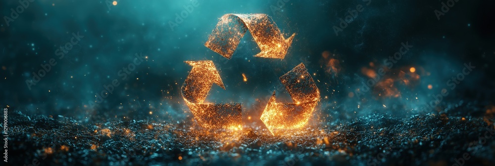 Obraz premium Recycling symbol glowing with fiery particles floating in the air