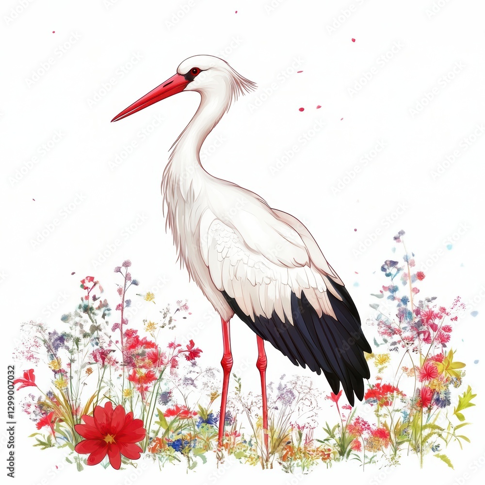 Fototapeta premium White Stork in a Wildflower Meadow Watercolor Illustration
