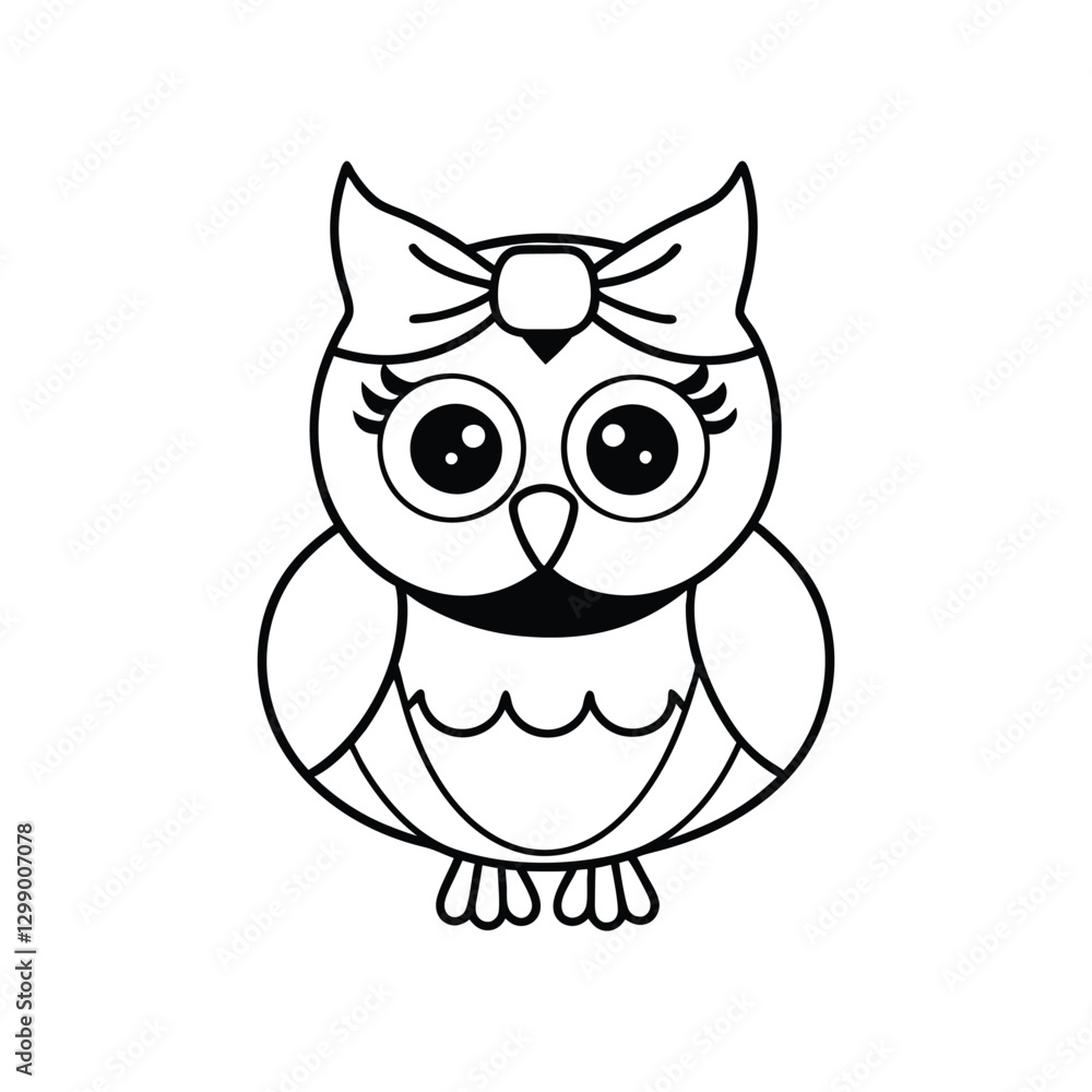 Obraz premium A cute owl with a big bow on its head line art vector illustration