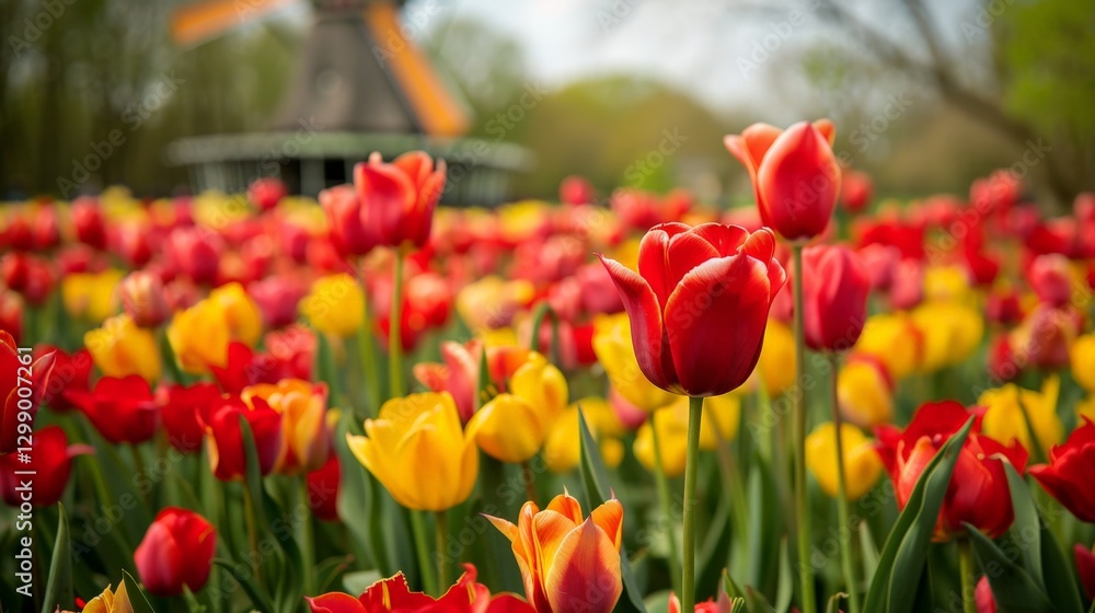 Fototapeta premium A field of vibrant red and yellow tulips with a windmill in the background with