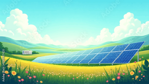  A vibrant, sunny landscape with solar panels in a vast green field, promoting clean and sustainable energy solutions.