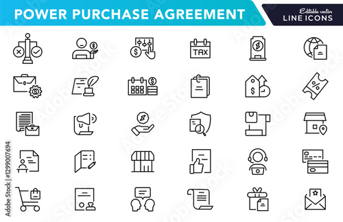Power purchase agreement linear icons set. Financial, business, company, eco, payment, sustainable, product, shopping, and document line icon collection. UI thin outline icon pack