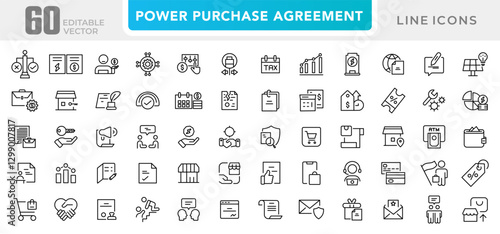 Power purchase agreement linear icons set. Financial, business, company, eco, payment, sustainable, product, shopping, and document line icon collection. UI thin outline icon pack