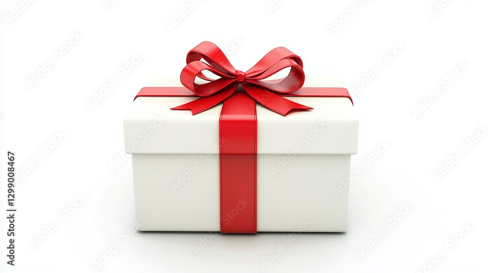 Fototapeta premium A neatly wrapped gift in a white box adorned with a vibrant red ribbon and bow, presented against a pristine white backdrop, suggesting celebration and joy.