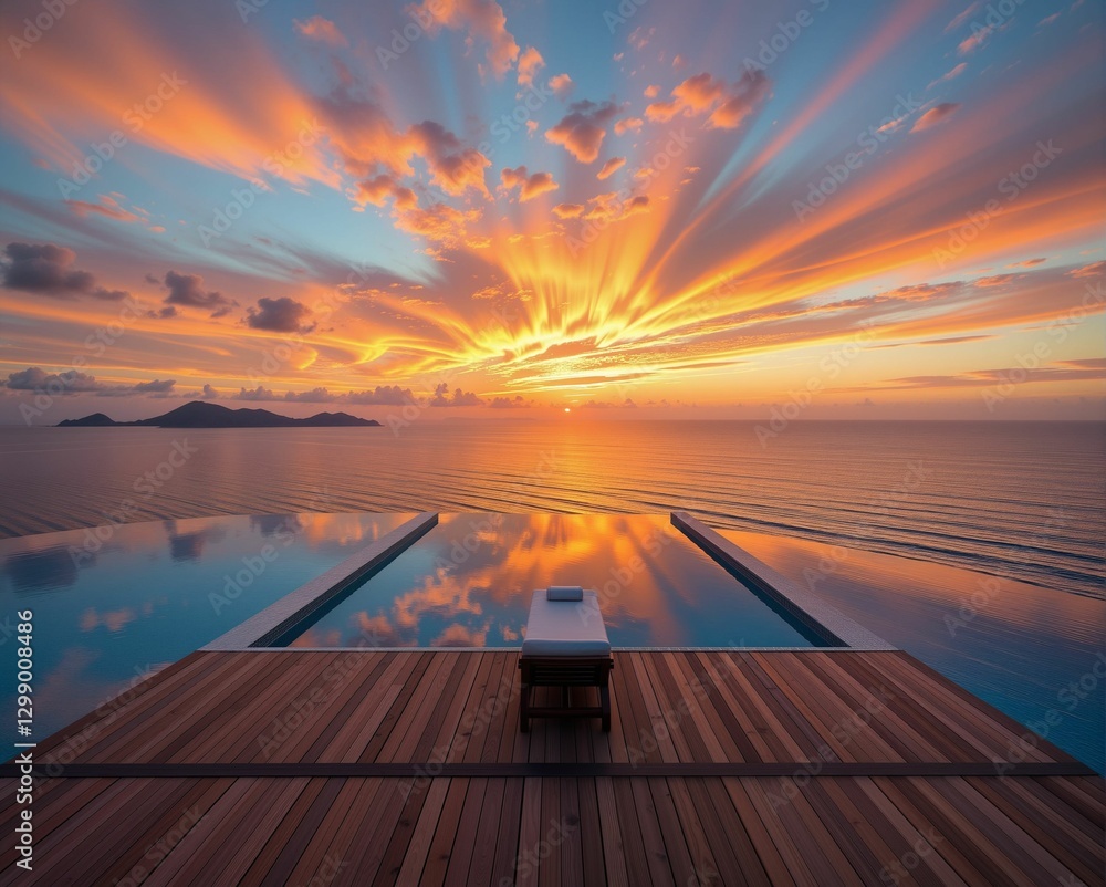 A breathtaking sunset reflects over a tranquil infinity pool, offering stunning views of the ocean and distant islands, creating a serene and picturesque atmosphere. A breathtaking sunset reflects over a tranquil infinity pool, offering stunning views of the ocean and distant islands, creating a serene and picturesque atmosphere.
