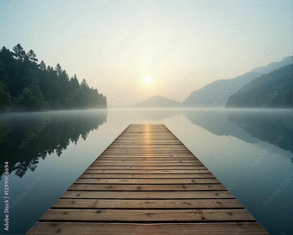 Fototapeta premium A serene wooden dock extends into a misty lake, illuminated by a soft sunrise, surrounded by mountains and trees, creating a tranquil atmosphere.