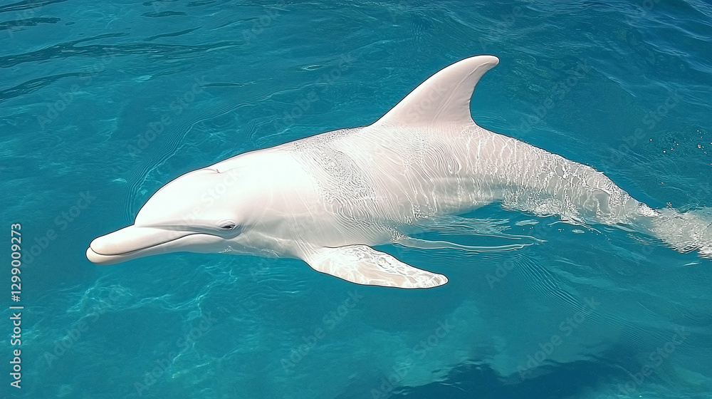 Naklejka premium Albino Dolphin Swimming: A stunning rare sight of a pure white dolphin gracefully gliding through the crystal-clear turquoise waters.