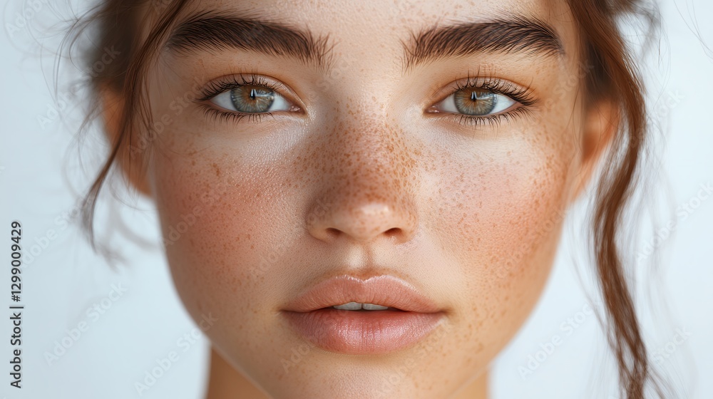 Close Up Portrait of a Young Woman with Freckles and Dark Eyebrows Close Up Portrait of a Young Woman with Freckles and Dark Eyebrows