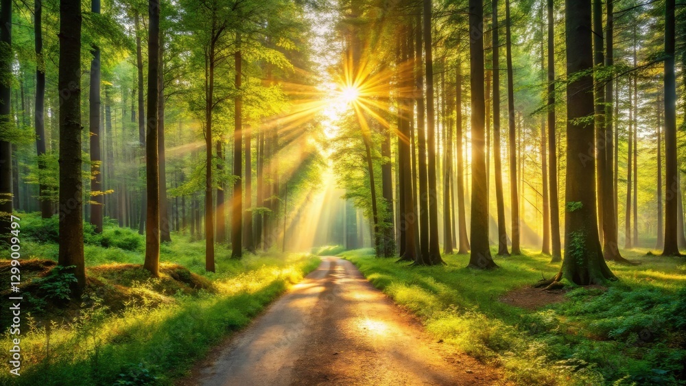 Sunlit Path Through a Verdant Forest at Dawn, Rays Illuminating the Way Sunlit Path Through a Verdant Forest at Dawn, Rays Illuminating the Way