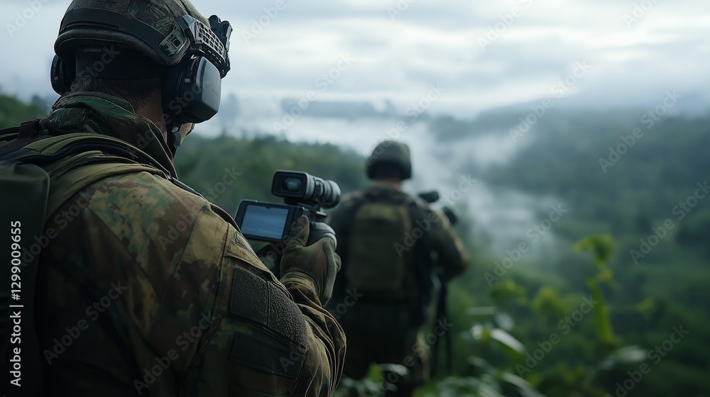 Soldiers conduct surveillance in dense forest, utilizing advanced equipment and tactical gear. Soldiers conduct surveillance in dense forest, utilizing advanced equipment and tactical gear.