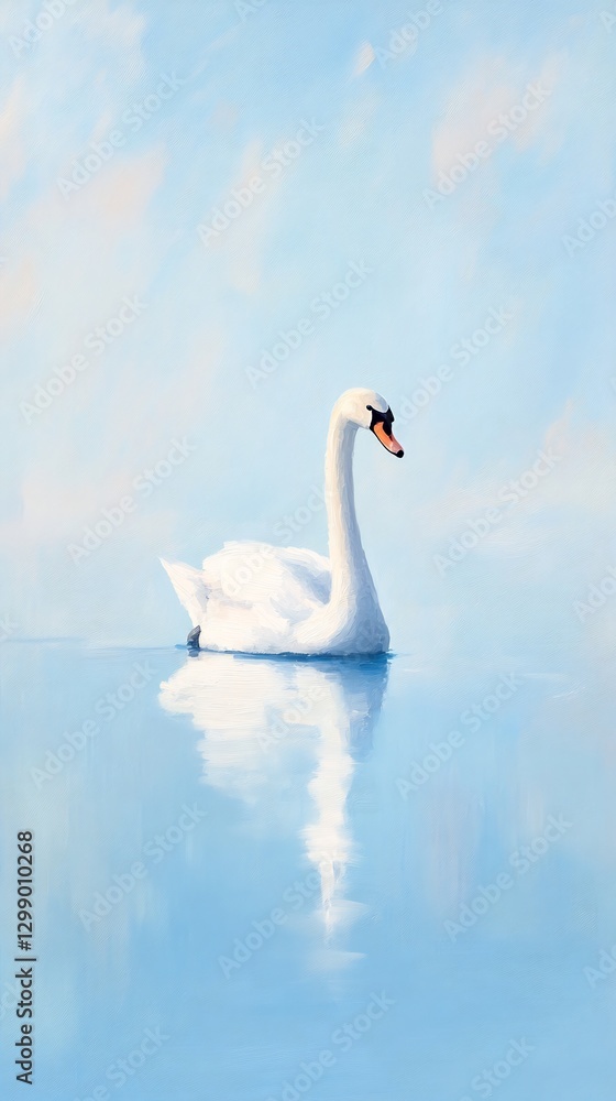 Fototapeta premium White swan gliding pastel blue lake