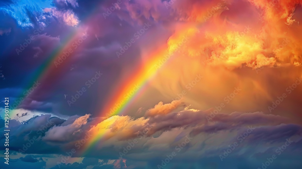 A rainbow forming against a backdrop of dark storm clouds with A rainbow forming against a backdrop of dark storm clouds with