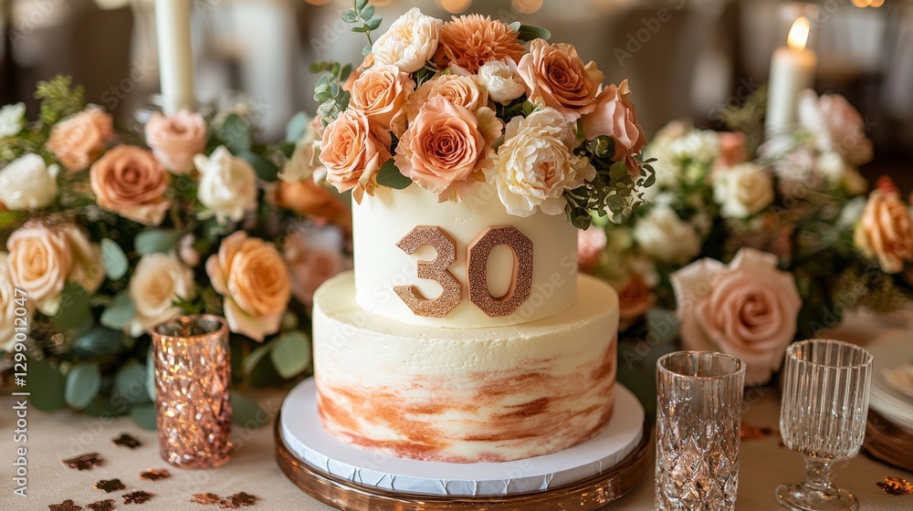 A cake with the number 30 on it is sitting on a table with flowers and candles. The cake is decorated with orange and white frosting and has a floral design A cake with the number 30 on it is sitting on a table with flowers and candles. The cake is decorated with orange and white frosting and has a floral design