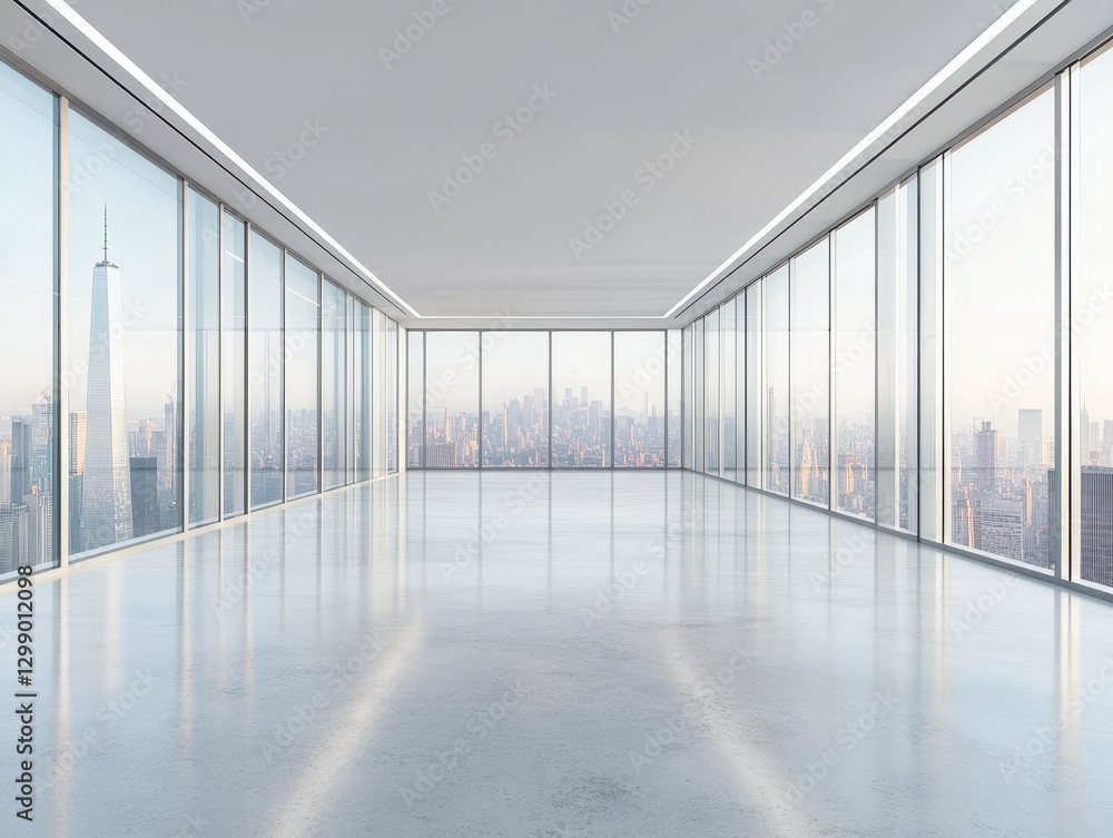 Fototapeta premium Modern empty office space with panoramic city view showcasing skyscrapers and natural light in an urban environment