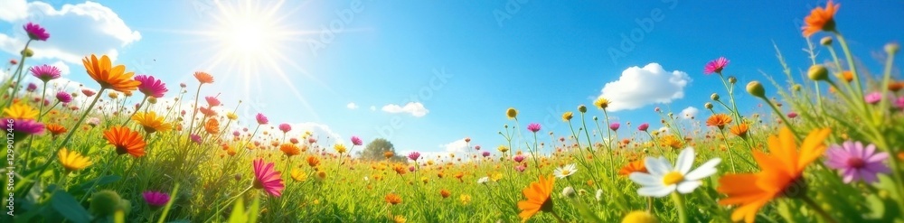 Sun-drenched meadow, vibrant wildflowers, azure sky, green, sun, bloom Sun-drenched meadow, vibrant wildflowers, azure sky, green, sun, bloom