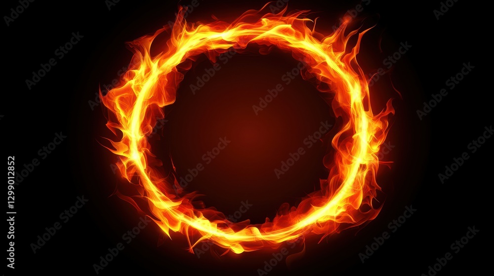 Fototapeta premium Fiery Circle Frame with Bright Flames on Black Background Illustration