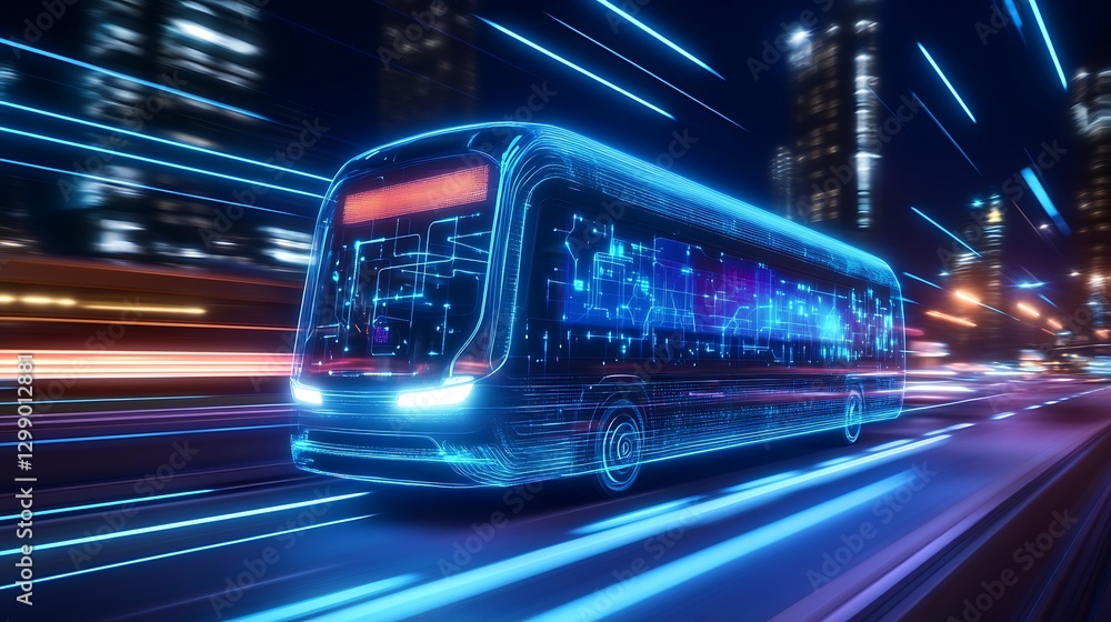 Fototapeta premium Futuristic Electric Bus Moving Through Urban Environment with Neon Lights and Digital Elements at Night
