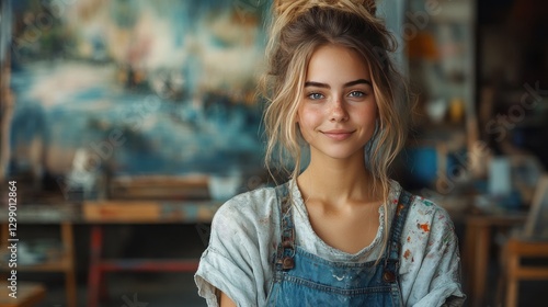 Wallpaper Mural A smiling woman sits on the floor of a bright art studio, surrounded by easels displaying colorful paintings. Torontodigital.ca