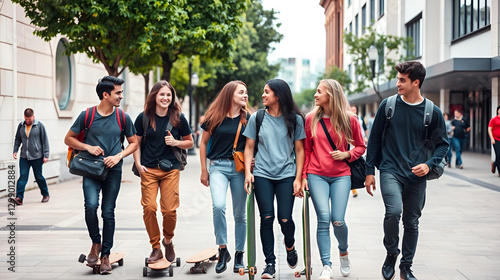 Group of positive teenagers high school pupils friends classmates college students boys and girls with bags skateboards walking in urban street hanging out together talking speaking with each others