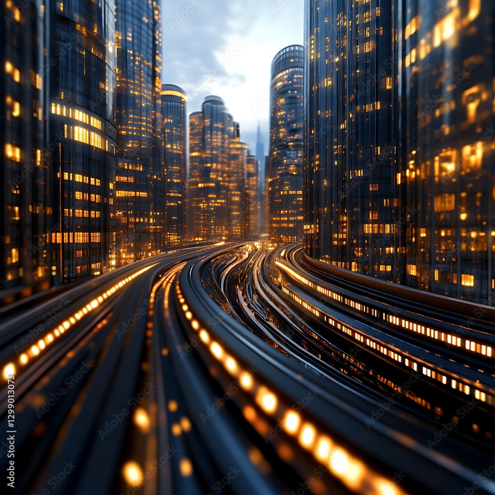 Fototapeta premium Modern Cityscape with Buildings and Glowing Lights at Dusk, Dynamic View of Motion Paths