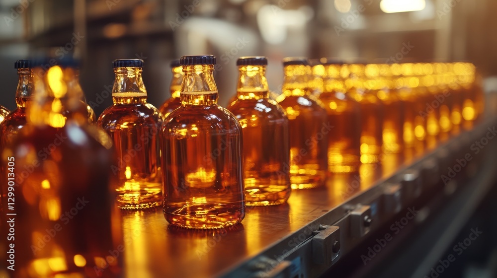 Bottles of amber liquid moving along a production line in a distillery during an evening shift Bottles of amber liquid moving along a production line in a distillery during an evening shift