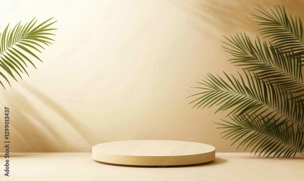 Modern minimalist display with round podium, soft lighting, and green palm leaves against a beige background, perfect for product photography or showcase Modern minimalist display with round podium, soft lighting, and green palm leaves against a beige background, perfect for product photography or showcase