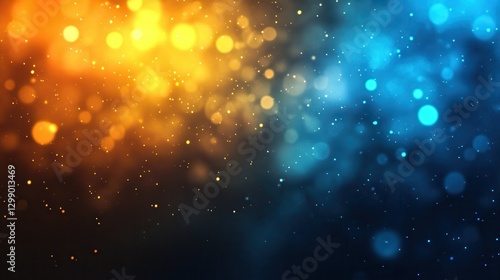 Defocused blue yellow orange radiance soft texture on dark black abstract empty space background. Neon blur glow. Color light overlay. Copy space.