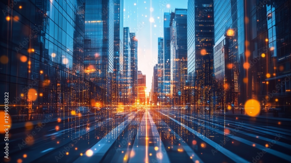 City skyline at sunset with digital effects and glowing lights enhancing urban atmosphere City skyline at sunset with digital effects and glowing lights enhancing urban atmosphere
