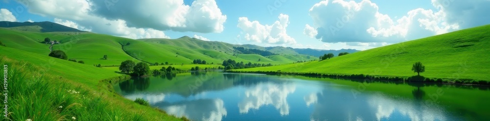 Rolling hills, green pastures meet still lake, idyllic, countryside Rolling hills, green pastures meet still lake, idyllic, countryside