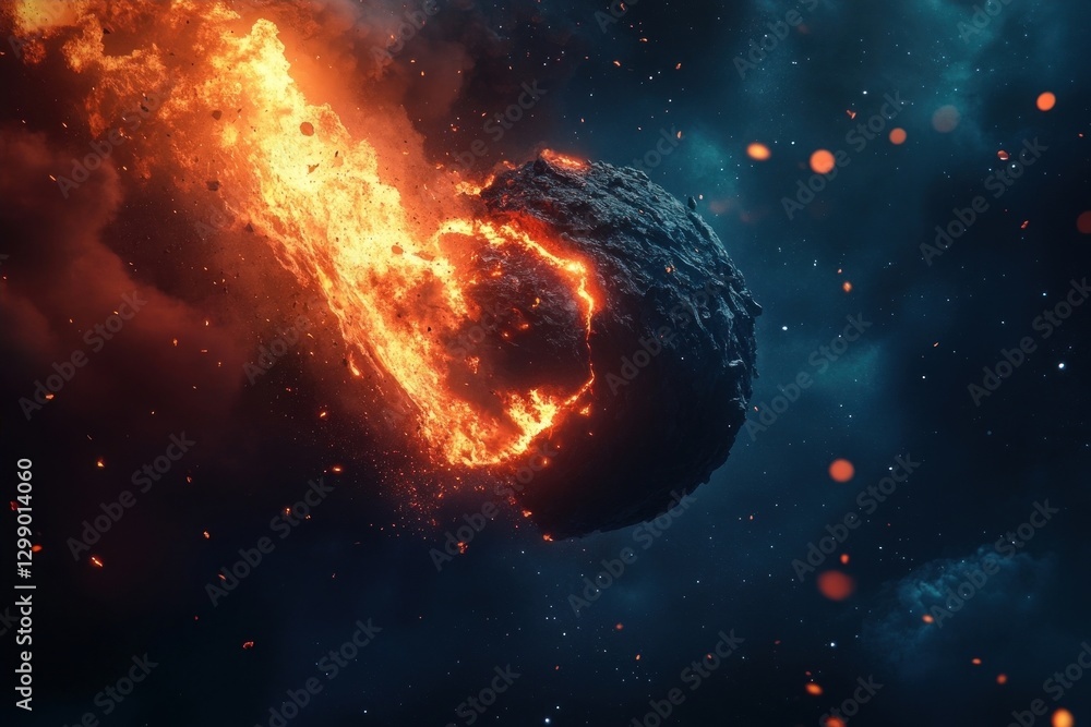 Obraz premium The image shows a fiery meteor soaring through space, trailing glowing molten fragments against a dark sky