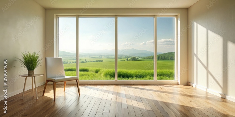Fototapeta premium Serene Minimalist Room with Expansive Window View of Lush Green Fields and Distant Mountains Under a Sunny Sky