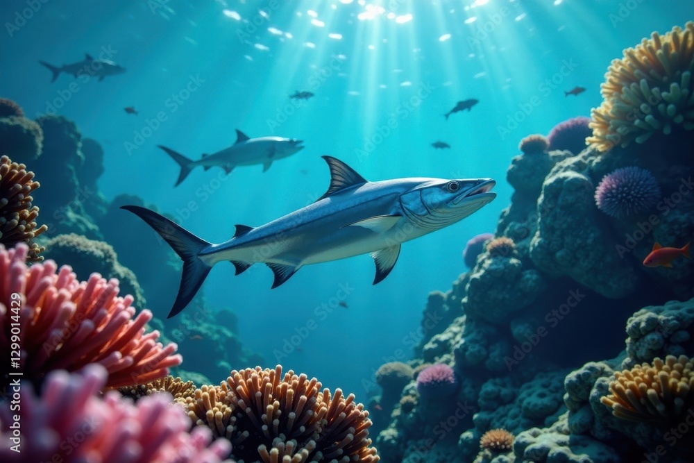 Fototapeta premium Silver barracuda school over vibrant coral reef, stock photo, shoal