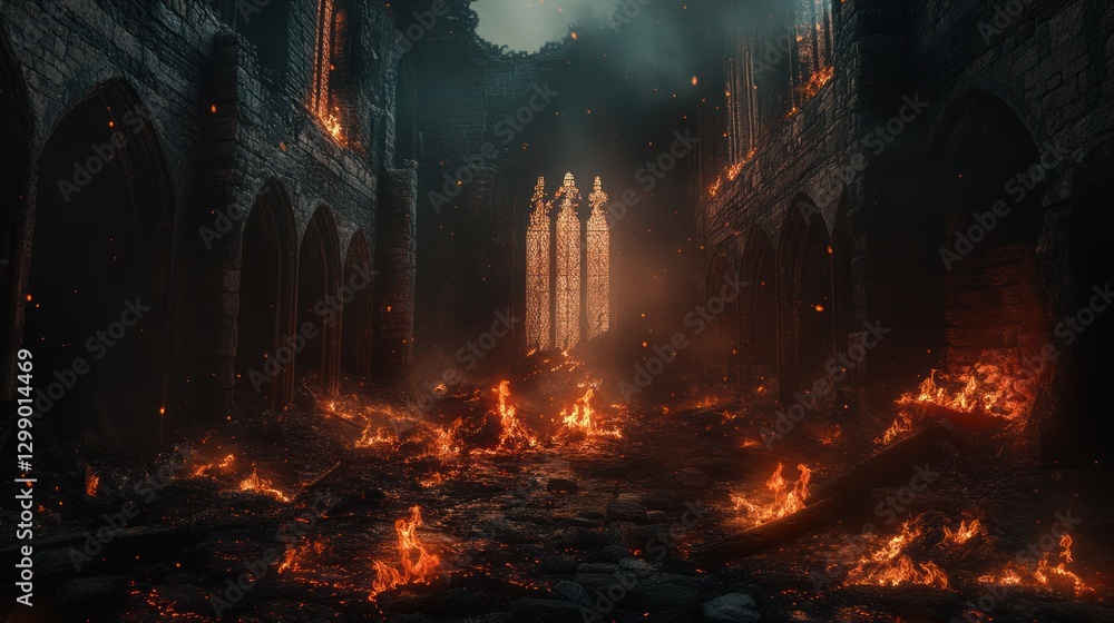 Fototapeta premium Burning ruins of ancient abbey, dark figures, fiery destruction