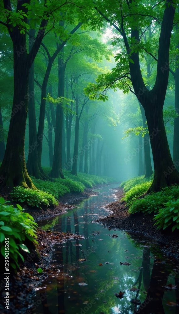 Fototapeta premium Torrential rain lashes Osaka forest; trees drenched, paths flooded, leaves, canopy, forest