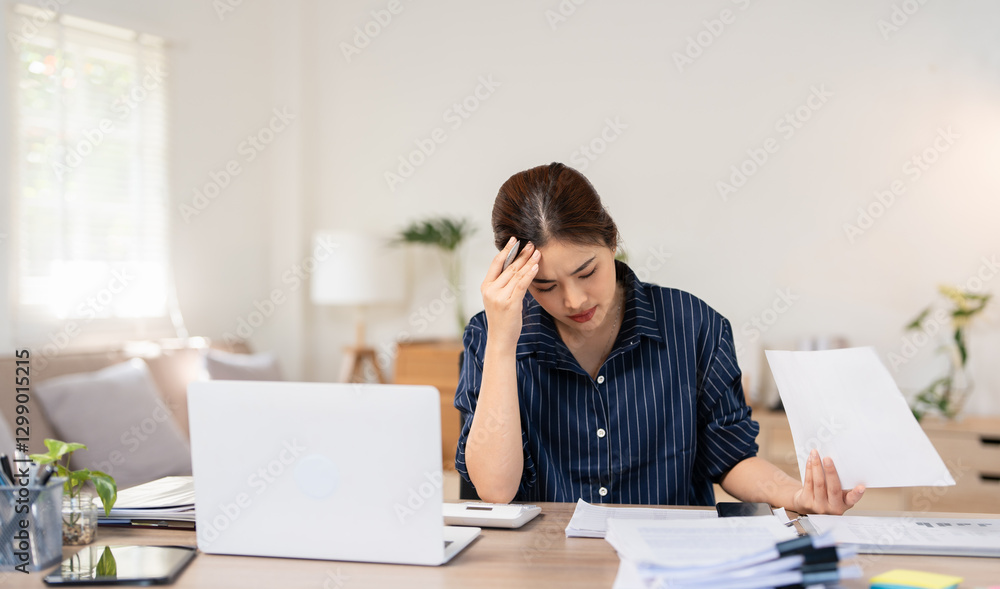 Young asian female work with financial papers at home count on calculator before paying taxes receipts online by laptop. woman planning budget finding chance for economy saving money. Young asian female work with financial papers at home count on calculator before paying taxes receipts online by laptop. woman planning budget finding chance for economy saving money.