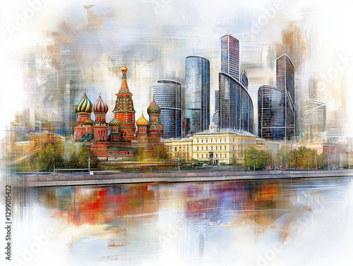 Colorful moscow skyline with st. basil's cathedral and modern skyscrapers